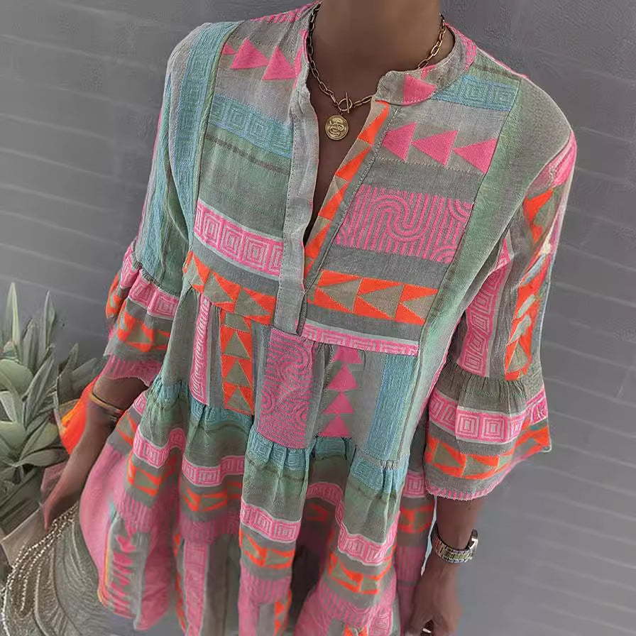 New Women's Printed V-Neck Dress for Fall 2023