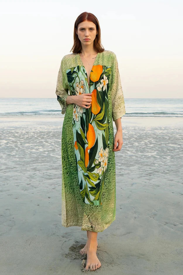 Fleur & Fruit Vintage Long Kimono - Green & Orange