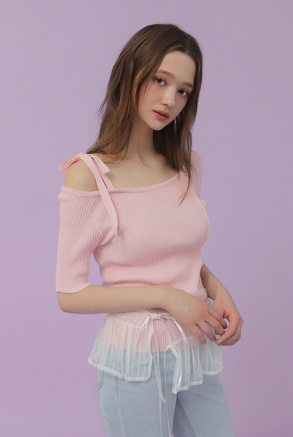 [TWEE] Inlove Asymmetric Off-Shoulder Short-Sleeve Knit
