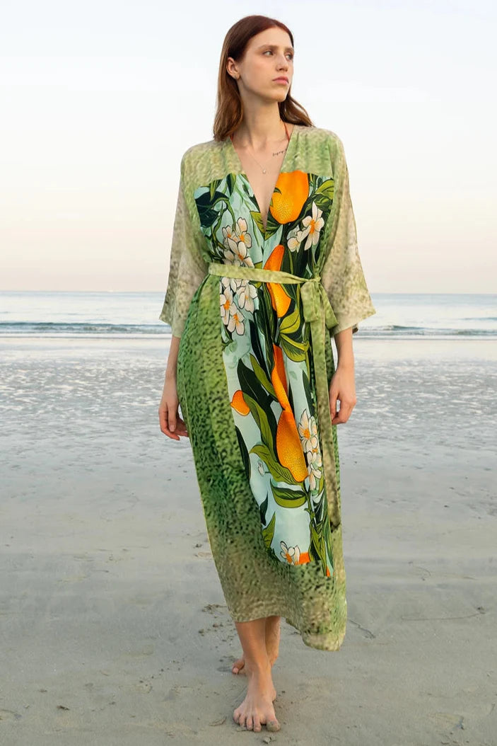 Fleur & Fruit Vintage Long Kimono - Green & Orange