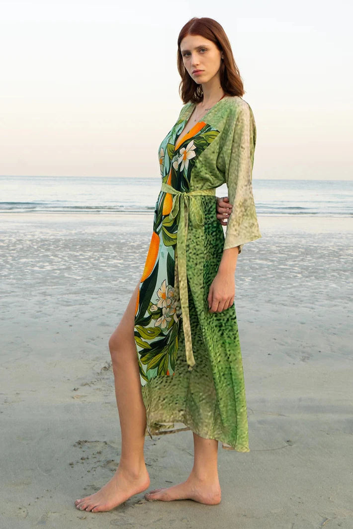 Fleur & Fruit Vintage Long Kimono - Green & Orange