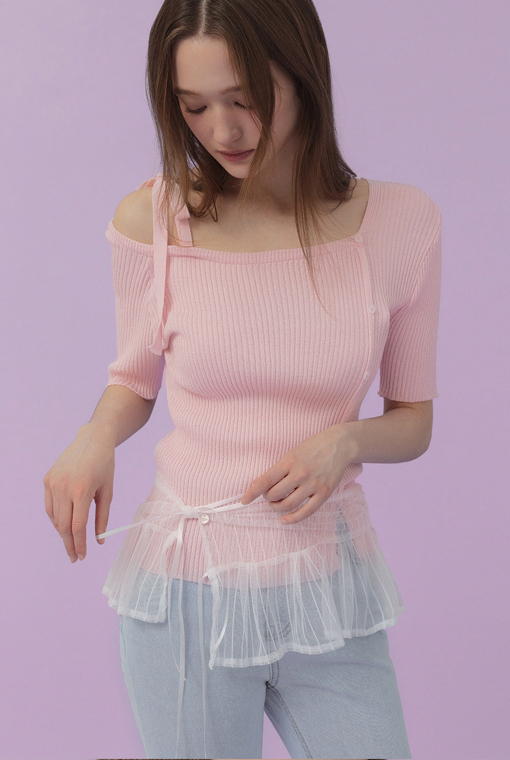 [TWEE] Inlove Asymmetric Off-Shoulder Short-Sleeve Knit