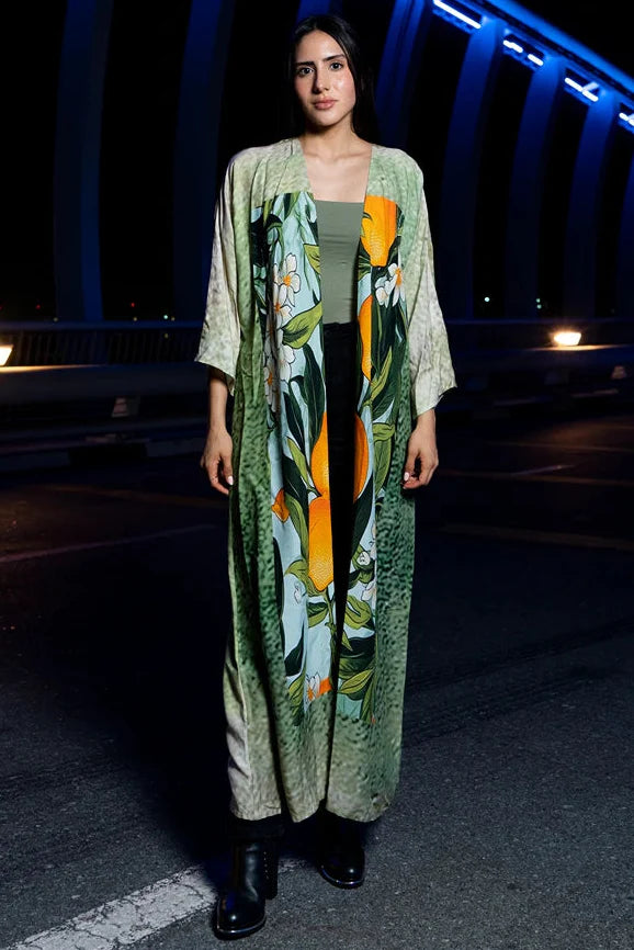 Fleur & Fruit Vintage Long Kimono - Green & Orange