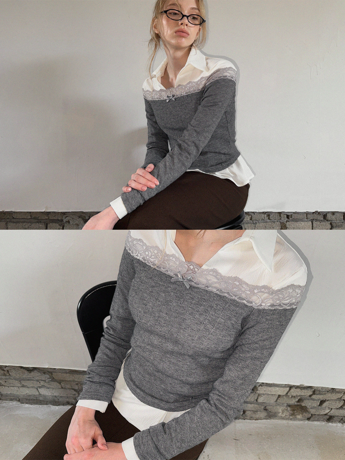 [TWEE] Nize Lace Punching Off-Shoulder Long Sleeve Tee