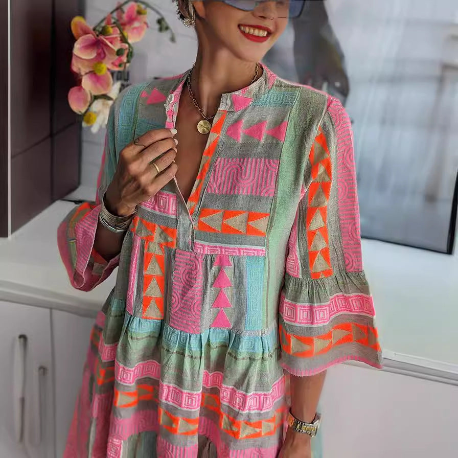 New Women's Printed V-Neck Dress for Fall 2023