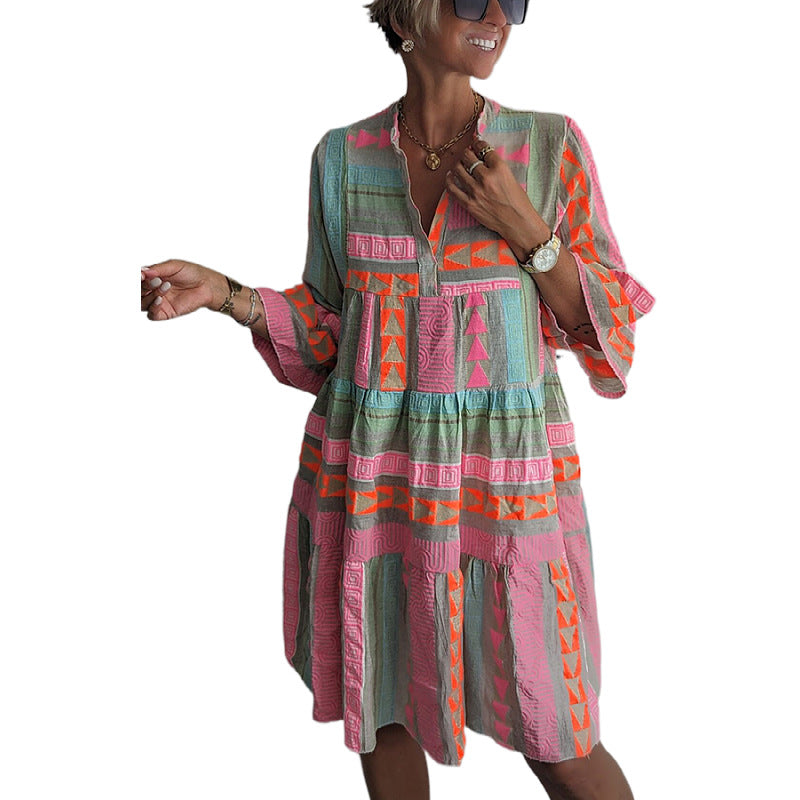 New Women's Printed V-Neck Dress for Fall 2023