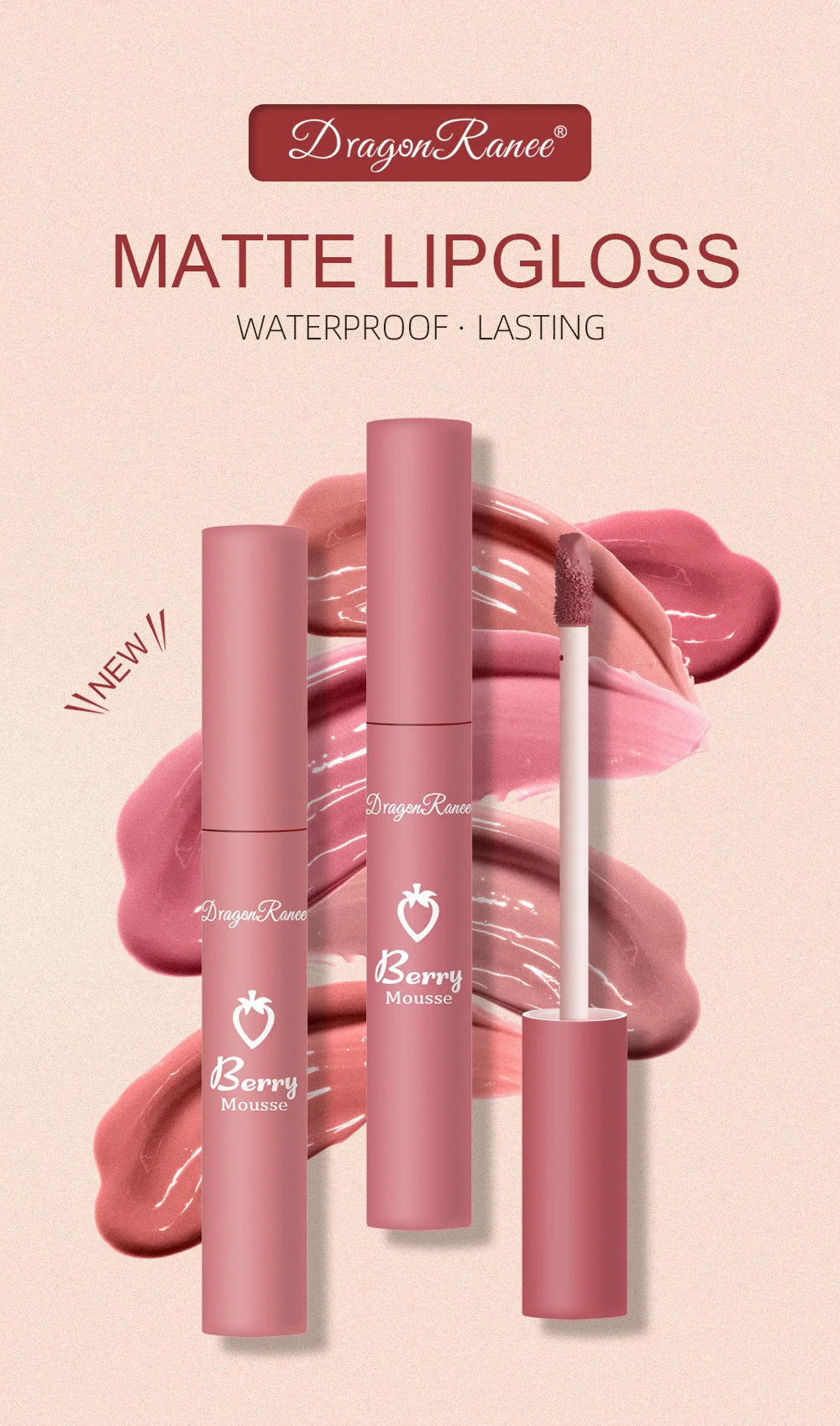 Liquid Lipstick Matte Strawberry Lip Gloss Cosmetic Waterproof Lip Glaze Non-stick Cup Long Lasting Lip Tint 12 Color Lip Makeup
