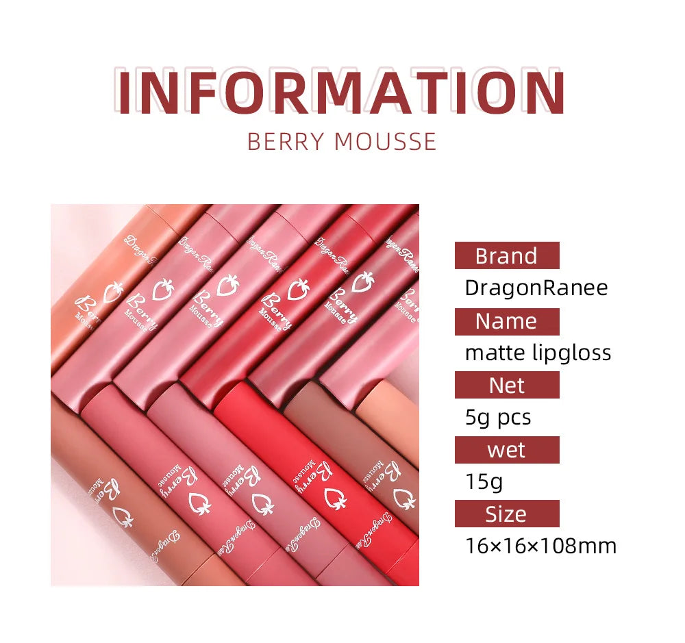 Liquid Lipstick Matte Strawberry Lip Gloss Cosmetic Waterproof Lip Glaze Non-stick Cup Long Lasting Lip Tint 12 Color Lip Makeup