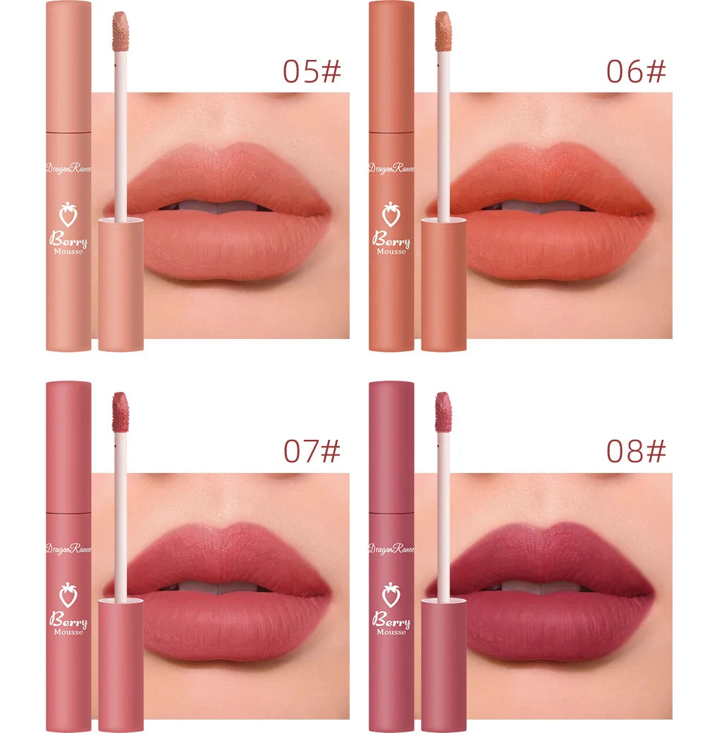 Liquid Lipstick Matte Strawberry Lip Gloss Cosmetic Waterproof Lip Glaze Non-stick Cup Long Lasting Lip Tint 12 Color Lip Makeup