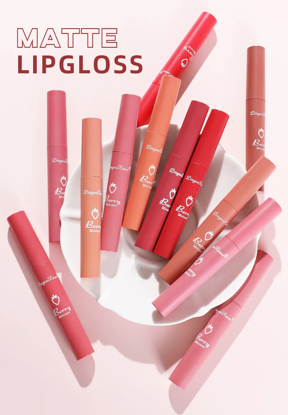 Liquid Lipstick Matte Strawberry Lip Gloss Cosmetic Waterproof Lip Glaze Non-stick Cup Long Lasting Lip Tint 12 Color Lip Makeup