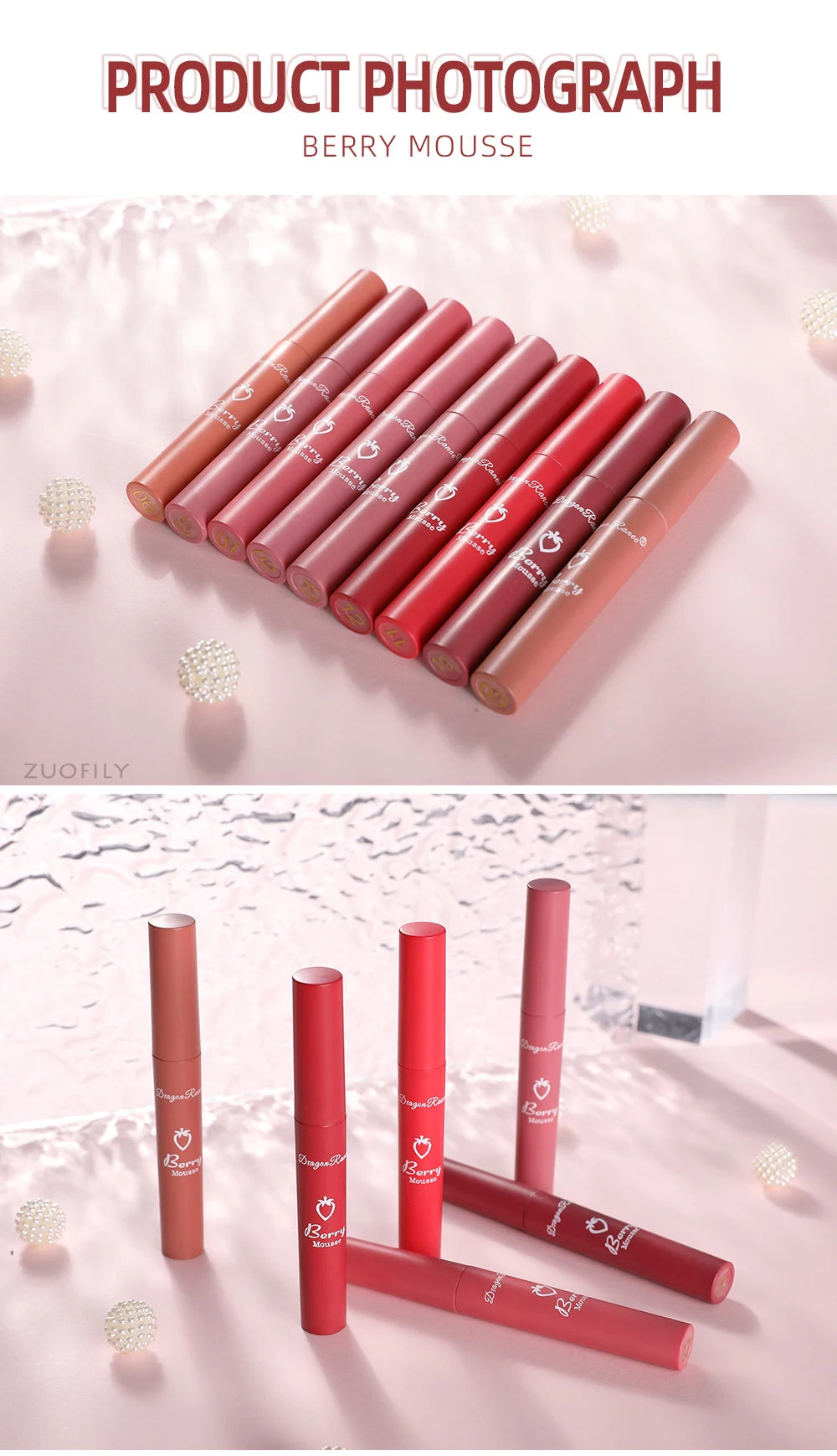 Liquid Lipstick Matte Strawberry Lip Gloss Cosmetic Waterproof Lip Glaze Non-stick Cup Long Lasting Lip Tint 12 Color Lip Makeup