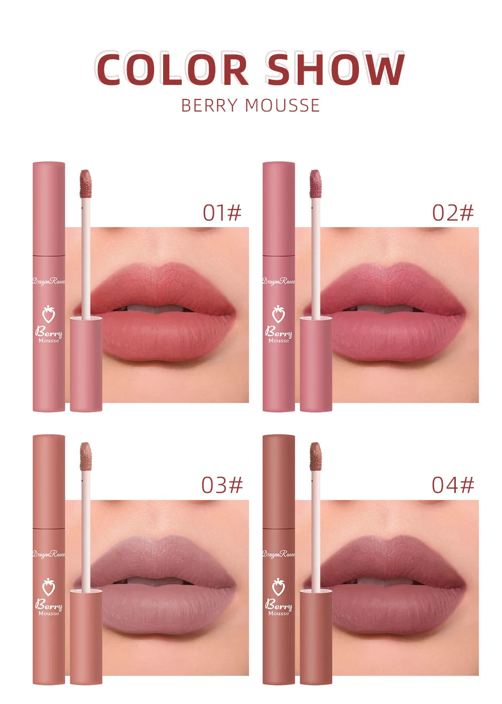 Liquid Lipstick Matte Strawberry Lip Gloss Cosmetic Waterproof Lip Glaze Non-stick Cup Long Lasting Lip Tint 12 Color Lip Makeup