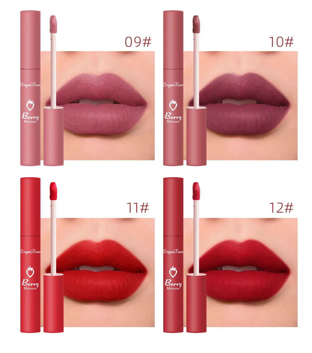Liquid Lipstick Matte Strawberry Lip Gloss Cosmetic Waterproof Lip Glaze Non-stick Cup Long Lasting Lip Tint 12 Color Lip Makeup