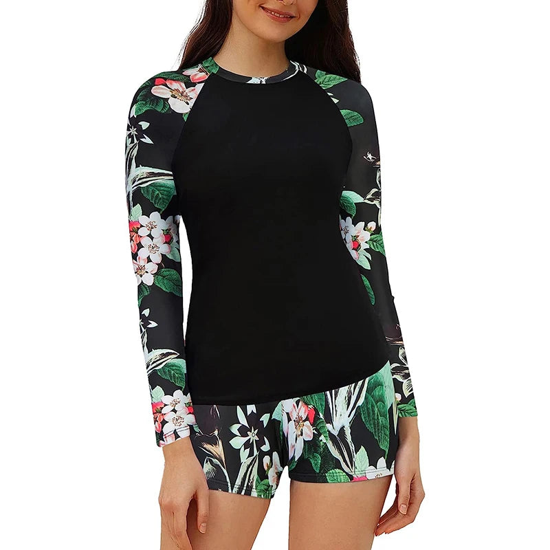 New Print Swimwear Girls Bikini Set Beachwear Surfing Rashguard With Zipper Beach Bating Suit Women Long Sleeve Swimsuit