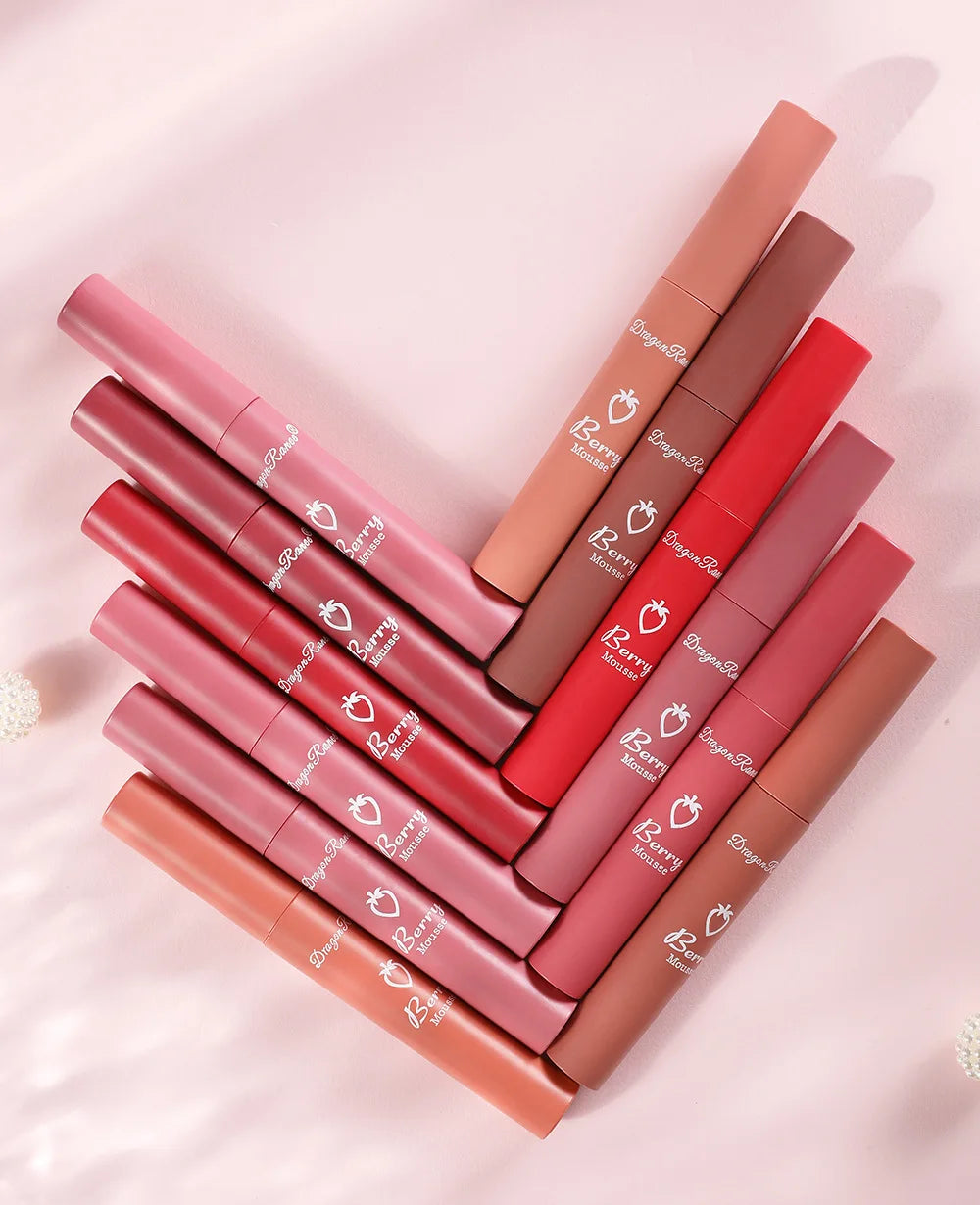 Liquid Lipstick Matte Strawberry Lip Gloss Cosmetic Waterproof Lip Glaze Non-stick Cup Long Lasting Lip Tint 12 Color Lip Makeup