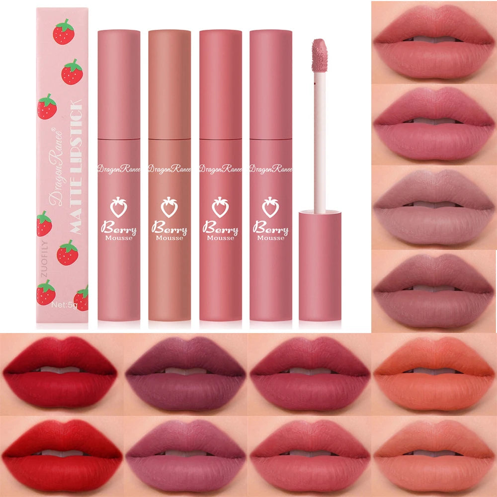 Liquid Lipstick Matte Strawberry Lip Gloss Cosmetic Waterproof Lip Glaze Non-stick Cup Long Lasting Lip Tint 12 Color Lip Makeup