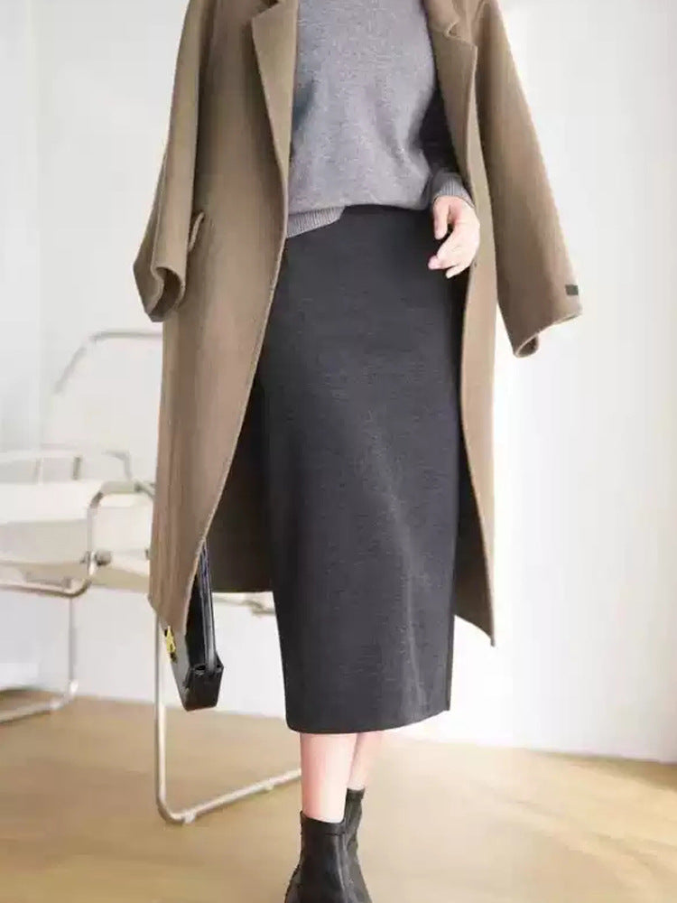 Acetate Cashmere Skirt Women's Mid-Length High-End Elegant High-Waist Slimming Rear Split Wool Straight Skirt Autumn and Winter New