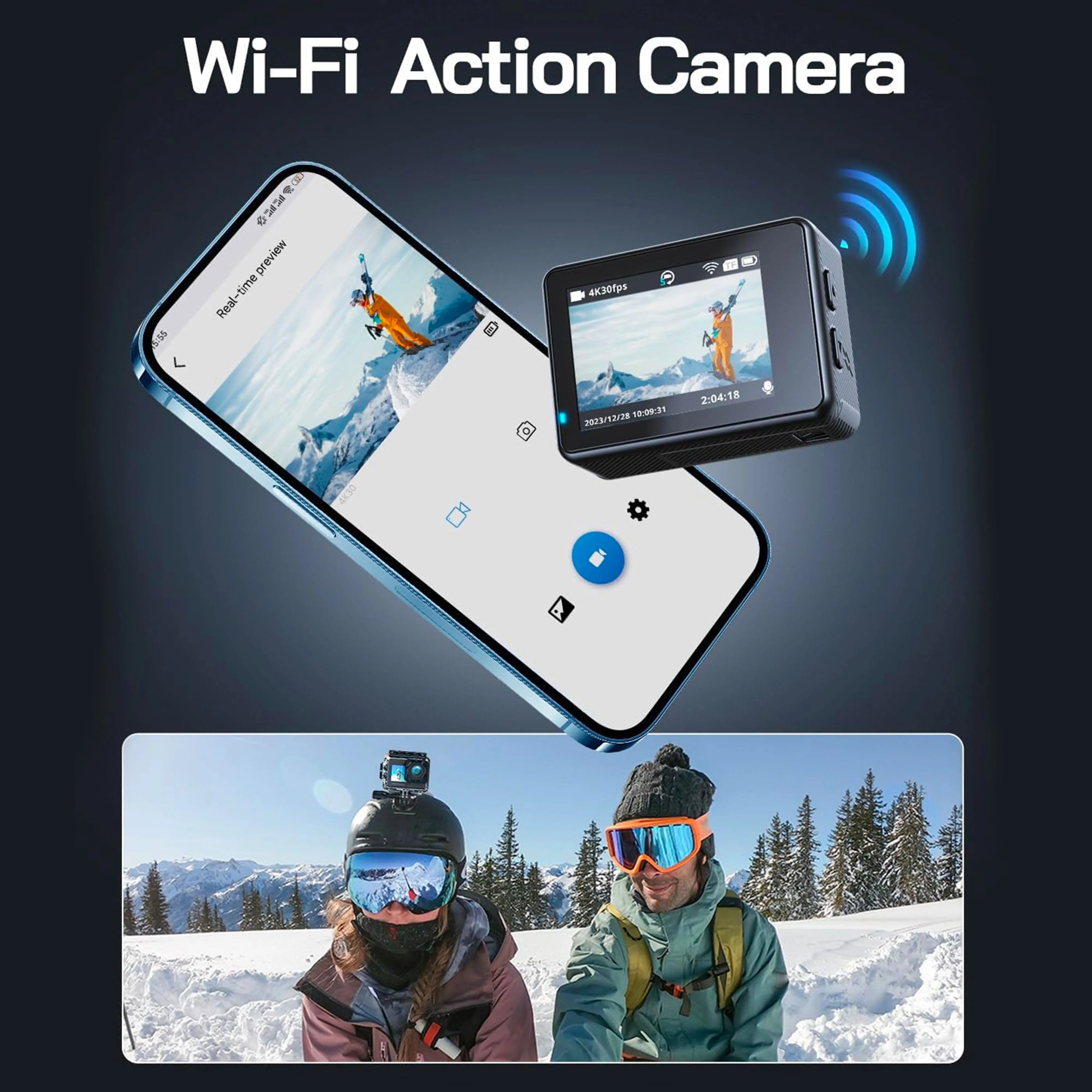 5K Action Camera Dual Screen 60FPS 4K Sports Cam Black