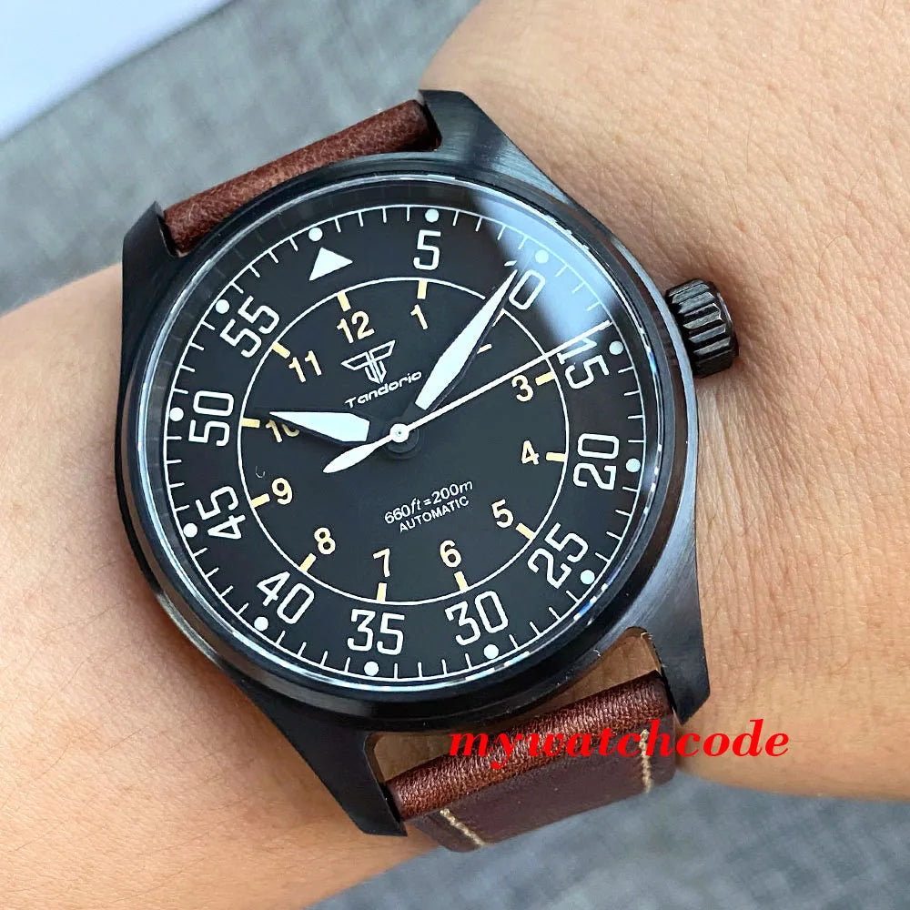 Tandorio Black PVD NH35A PT5000 39mm Pilot Automatic Men Watches 200m Waterproof Sapphire Crystal Diver Clock Leather Band