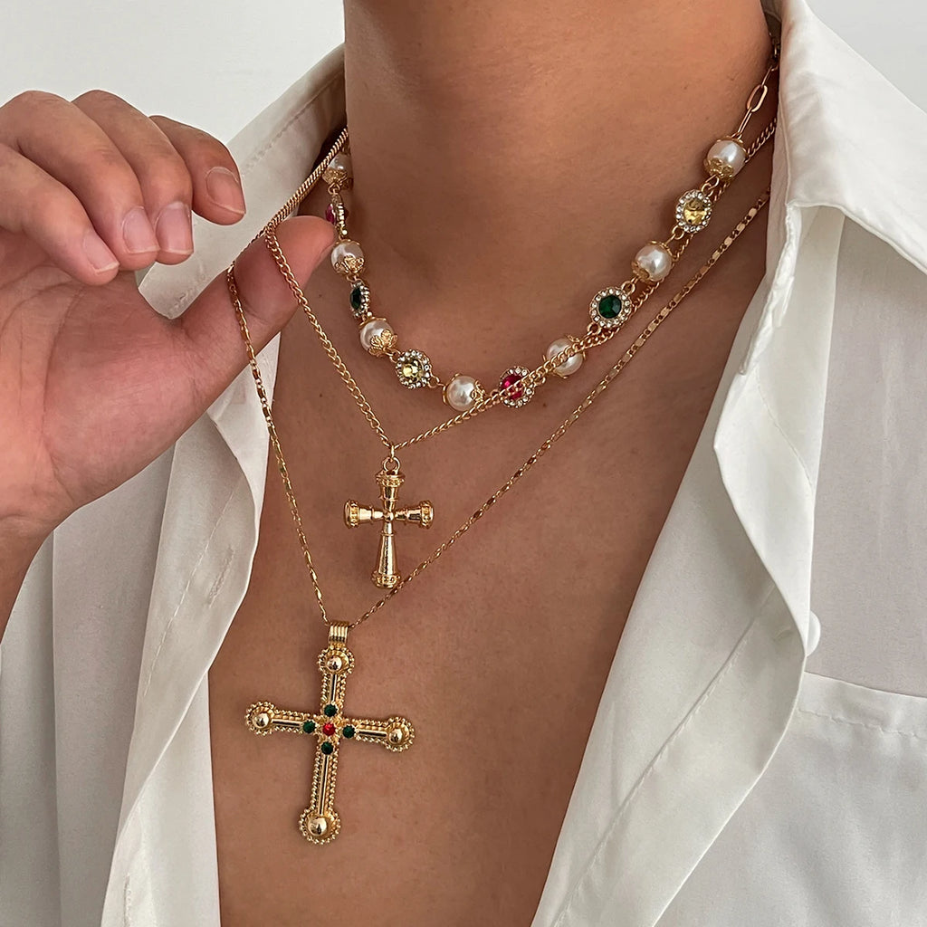 Ingemark 3Pcs/Set Colorful Acrylic Rhinestone Jesus Cross Pendant Necklace Men 2025 New Creative Hip Hop Unisex Y2K Jewelry Gift