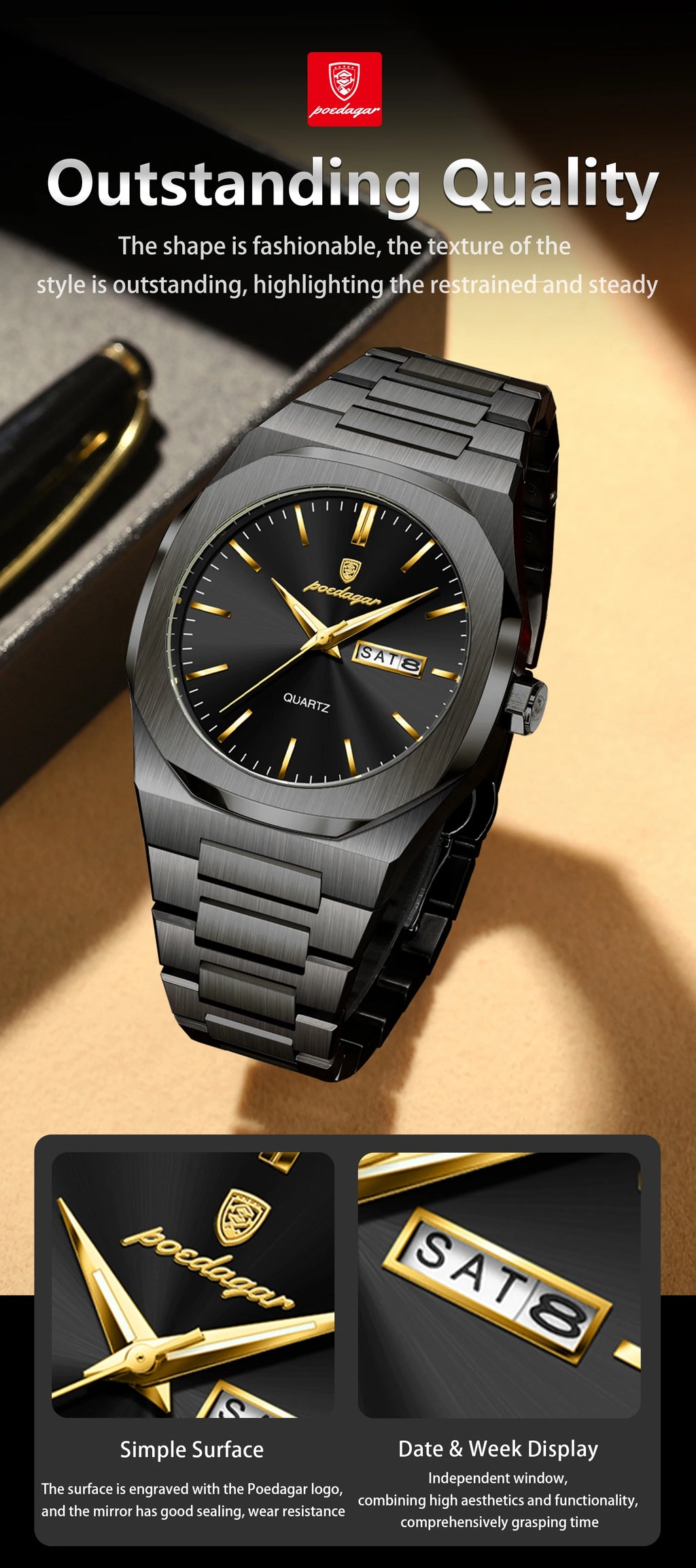 POEDAGAR Brand Fashion Male Watch Waterproof Luminous Stainless Steel Watches For Men Date Week Quartz Casual Men's Clock Reloj
