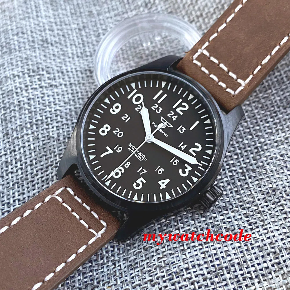 Tandorio Black PVD NH35A PT5000 39mm Pilot Automatic Men Watches 200m Waterproof Sapphire Crystal Diver Clock Leather Band