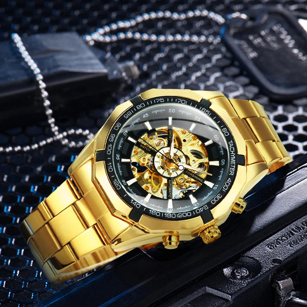 WINNER Classic Skeleton Watch for Men Luminous Hands Mechanical Watches Stainless Steel Strap Luxury Brand Forsining Wristwatch