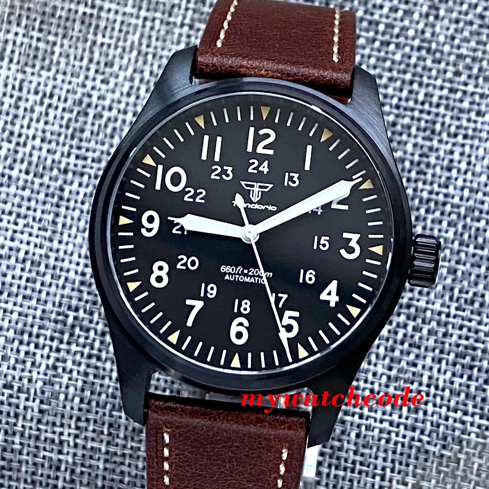 Tandorio Black PVD NH35A PT5000 39mm Pilot Automatic Men Watches 200m Waterproof Sapphire Crystal Diver Clock Leather Band