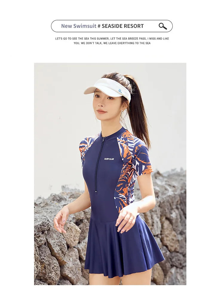New Summer Women's One-Piece Sports Swimsuit Conservative Plus Size Short Sleeve Professional Swimwear for Hot Spring