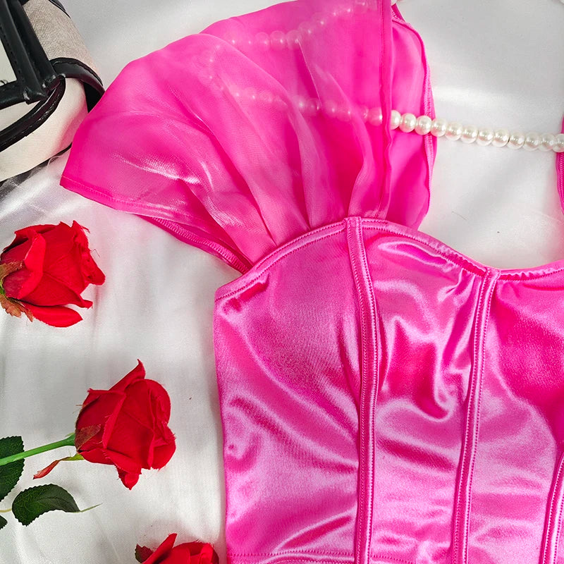 Trendy 2025 Women Short Sleeve Corset Elegant Chic Fashion Crop Top 2000s Korean Popular Clothes Y2k Aesthetic Female Tank Top