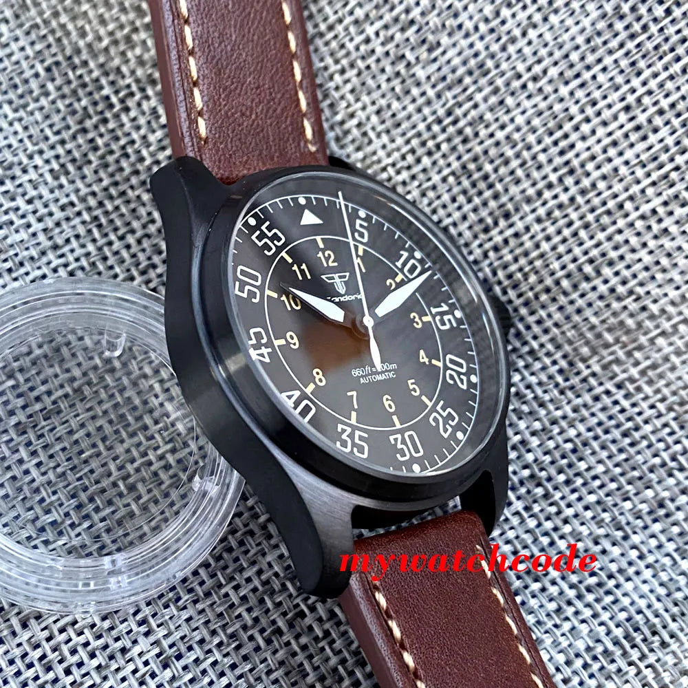Tandorio Black PVD NH35A PT5000 39mm Pilot Automatic Men Watches 200m Waterproof Sapphire Crystal Diver Clock Leather Band