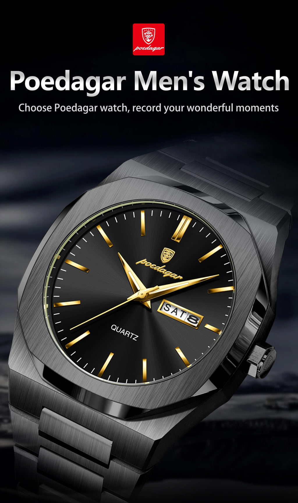 POEDAGAR Brand Fashion Male Watch Waterproof Luminous Stainless Steel Watches For Men Date Week Quartz Casual Men's Clock Reloj