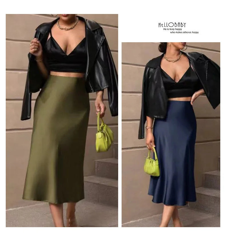 2025 Summer Chic Office Satin Midi Skirt Women Fashion A-line Casual High Waist Elegant Long Skirt Chic Female Office Lady