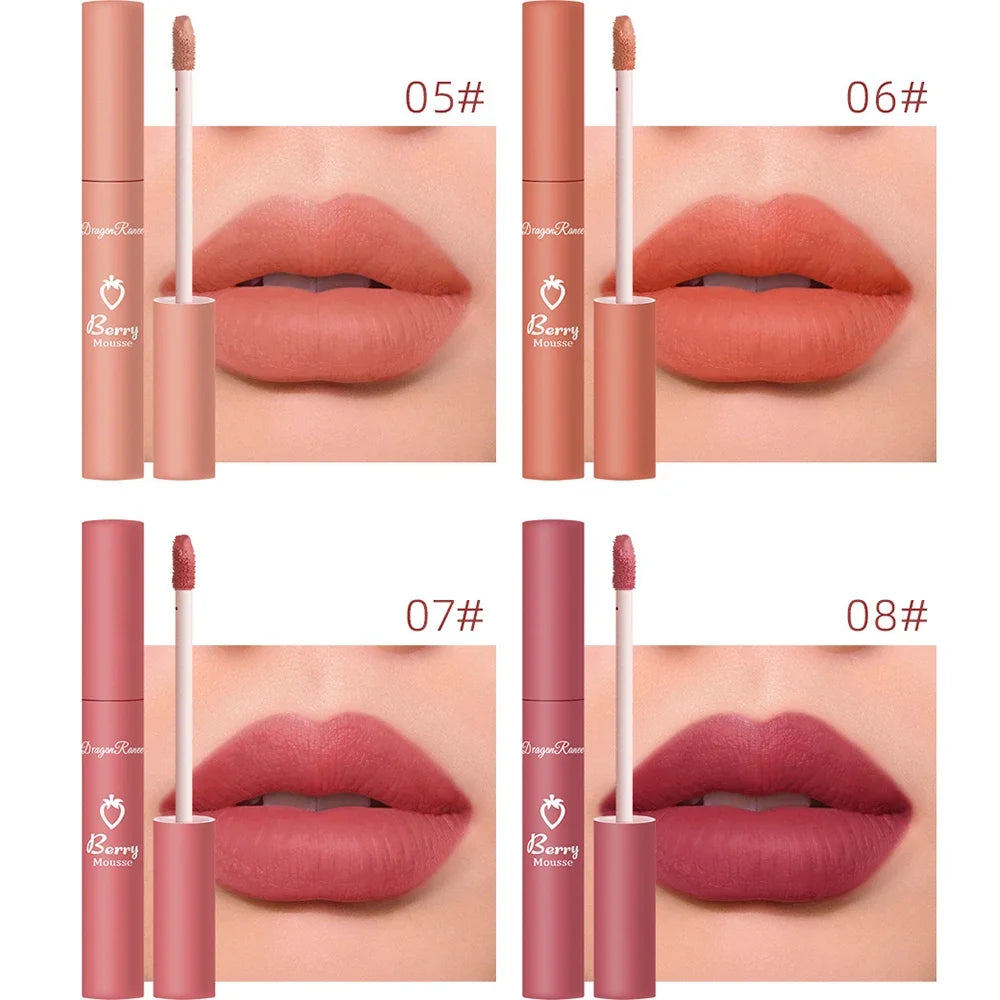 Liquid Lipstick Matte Strawberry Lip Gloss Cosmetic Waterproof Lip Glaze Non-stick Cup Long Lasting Lip Tint 12 Color Lip Makeup