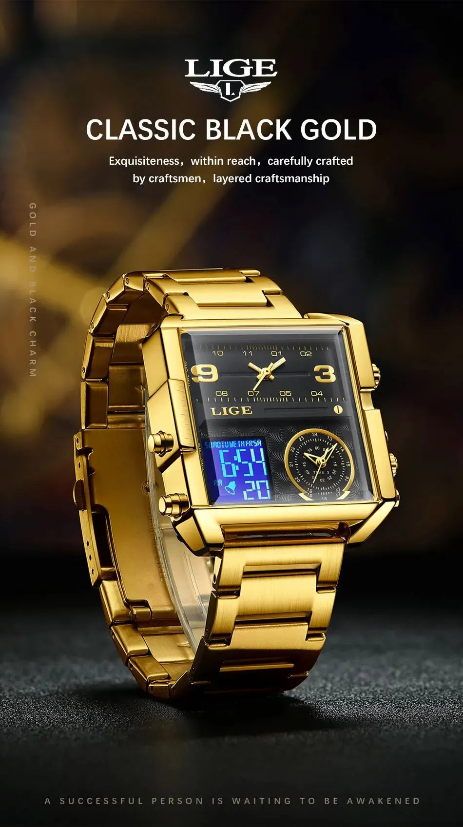 LIGE Luxury Original Men Sports Wrist Watch Gold Quartz Steel Waterproof Dual Display Clock Watches For Men Relogio Masculino