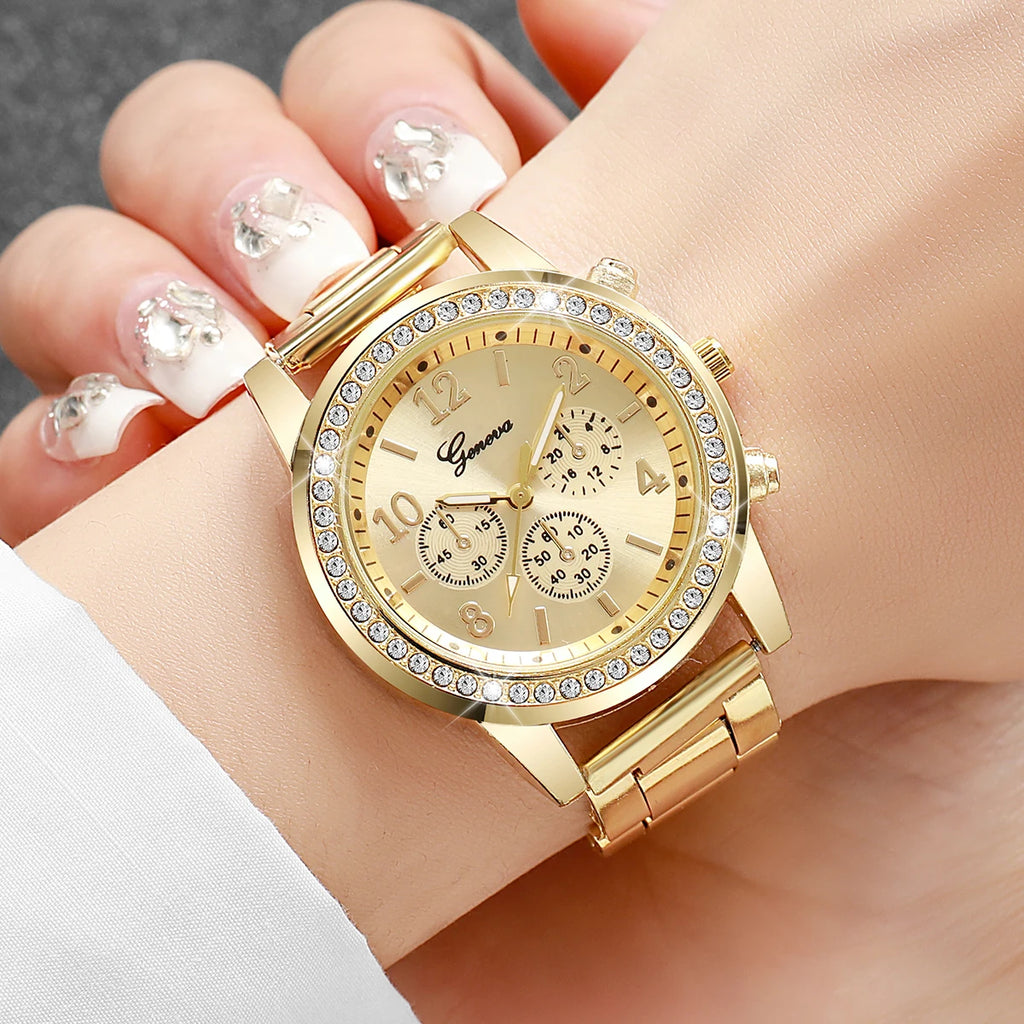 Fashion Rhinestone Women Watches Ladies Alloy Band Arabic Dial Analog Quartz Wrist Watches（Without Box）