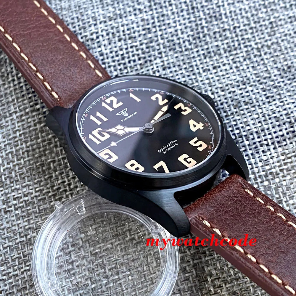Tandorio Black PVD NH35A PT5000 39mm Pilot Automatic Men Watches 200m Waterproof Sapphire Crystal Diver Clock Leather Band