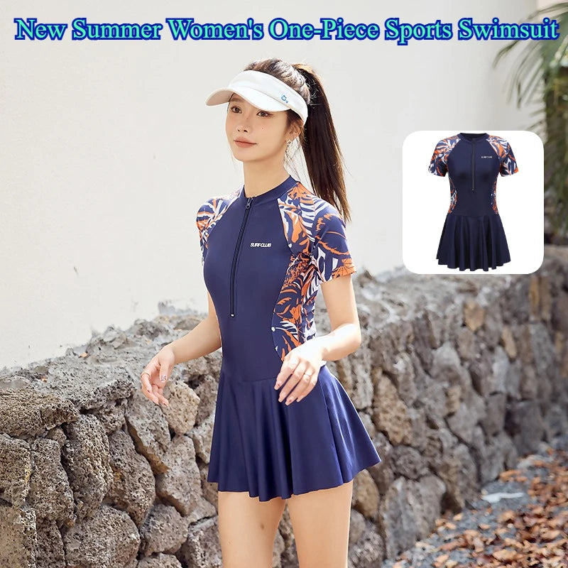 New Summer Women's One-Piece Sports Swimsuit Conservative Plus Size Short Sleeve Professional Swimwear for Hot Spring