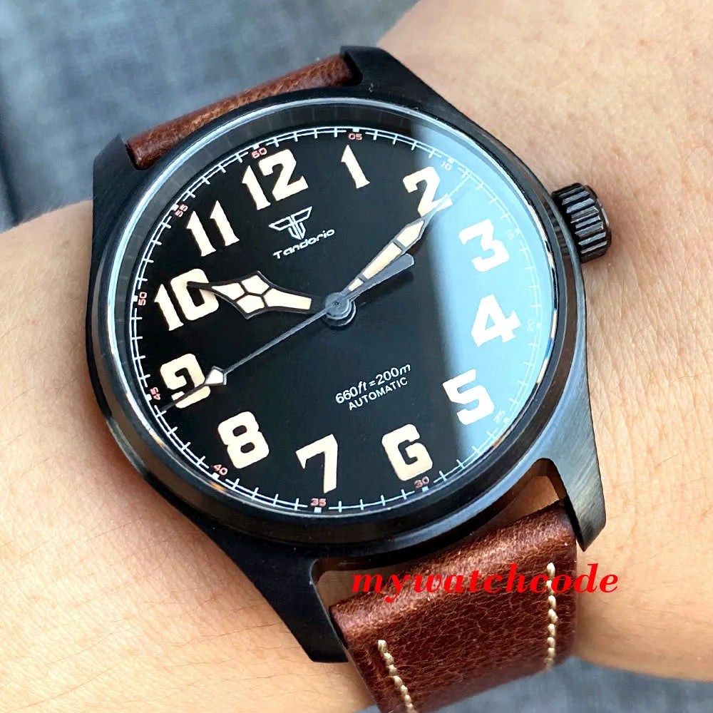 Tandorio Black PVD NH35A PT5000 39mm Pilot Automatic Men Watches 200m Waterproof Sapphire Crystal Diver Clock Leather Band