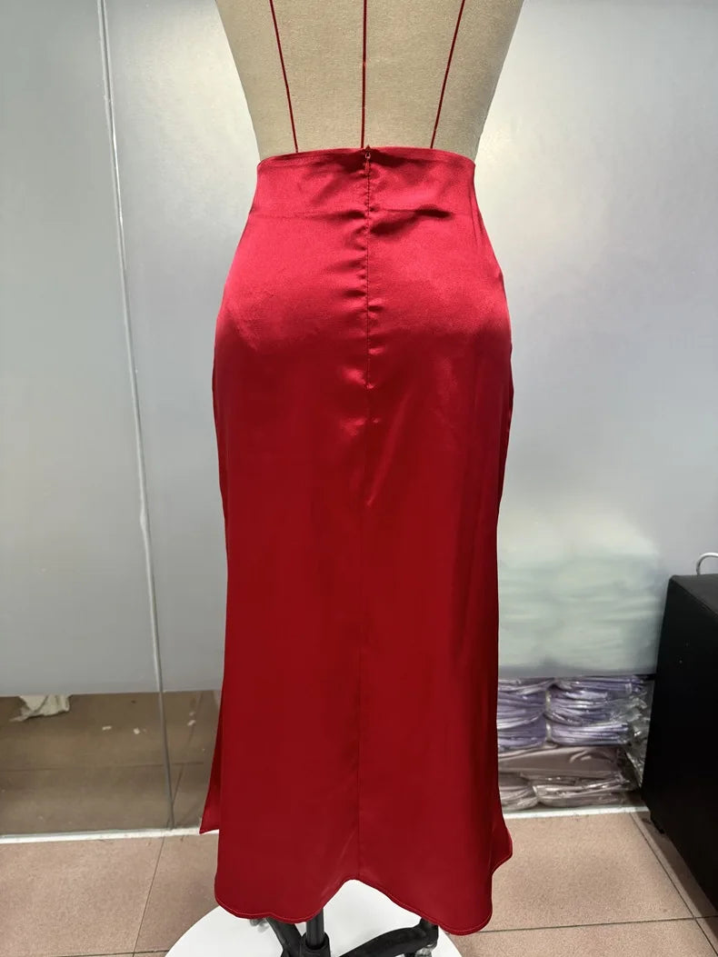 2025 Summer Chic Office Satin Midi Skirt Women Fashion A-line Casual High Waist Elegant Long Skirt Chic Female Office Lady
