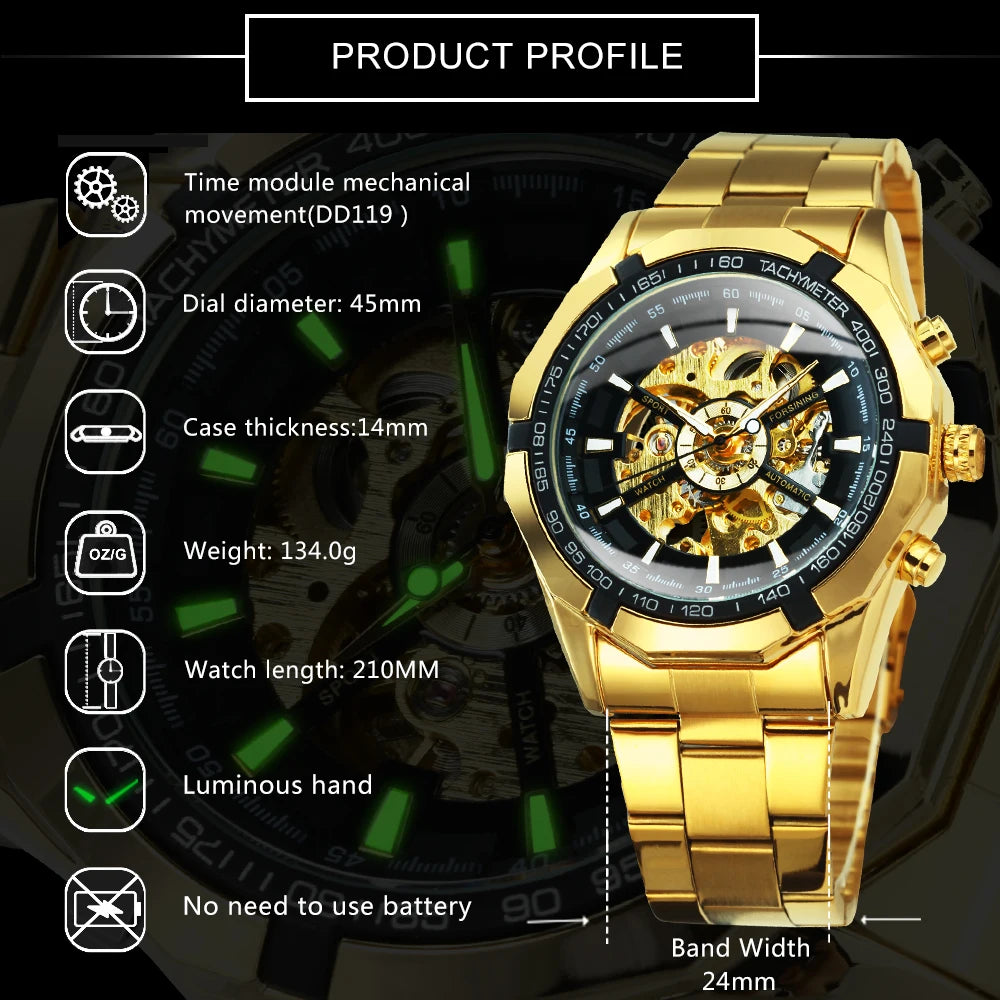 WINNER Classic Skeleton Watch for Men Luminous Hands Mechanical Watches Stainless Steel Strap Luxury Brand Forsining Wristwatch