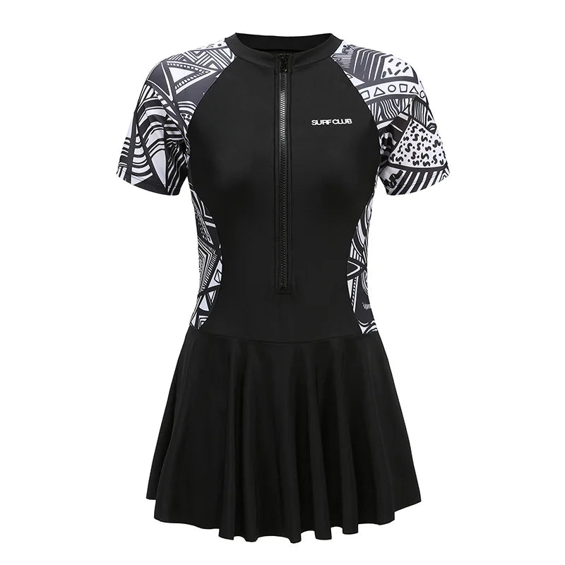 New Summer Women's One-Piece Sports Swimsuit Conservative Plus Size Short Sleeve Professional Swimwear for Hot Spring