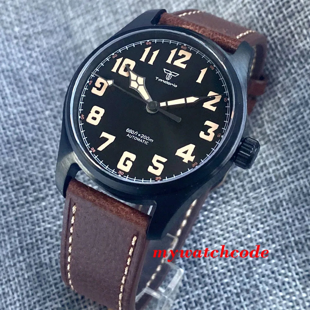 Tandorio Black PVD NH35A PT5000 39mm Pilot Automatic Men Watches 200m Waterproof Sapphire Crystal Diver Clock Leather Band