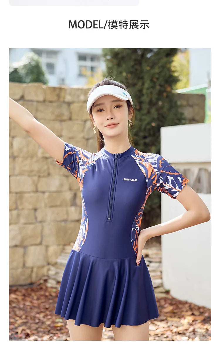 New Summer Women's One-Piece Sports Swimsuit Conservative Plus Size Short Sleeve Professional Swimwear for Hot Spring