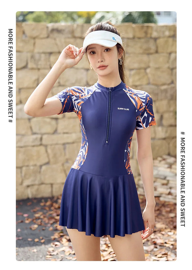 New Summer Women's One-Piece Sports Swimsuit Conservative Plus Size Short Sleeve Professional Swimwear for Hot Spring