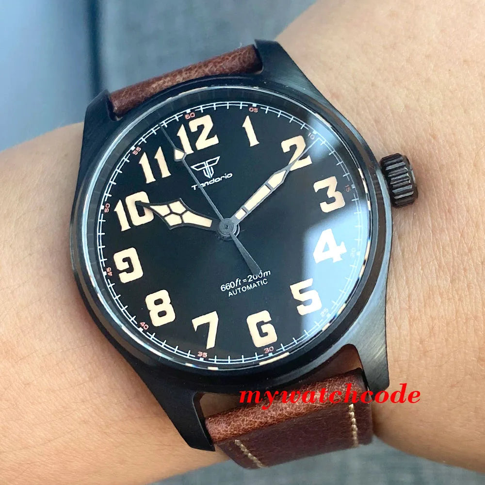 Tandorio Black PVD NH35A PT5000 39mm Pilot Automatic Men Watches 200m Waterproof Sapphire Crystal Diver Clock Leather Band