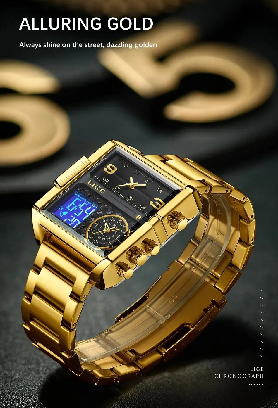 LIGE Luxury Original Men Sports Wrist Watch Gold Quartz Steel Waterproof Dual Display Clock Watches For Men Relogio Masculino