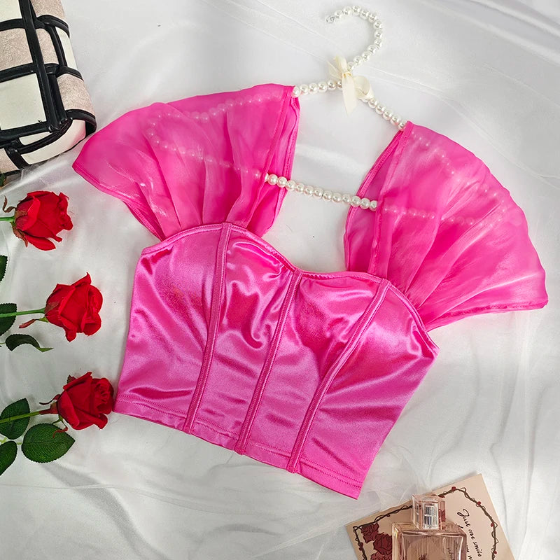 Trendy 2025 Women Short Sleeve Corset Elegant Chic Fashion Crop Top 2000s Korean Popular Clothes Y2k Aesthetic Female Tank Top