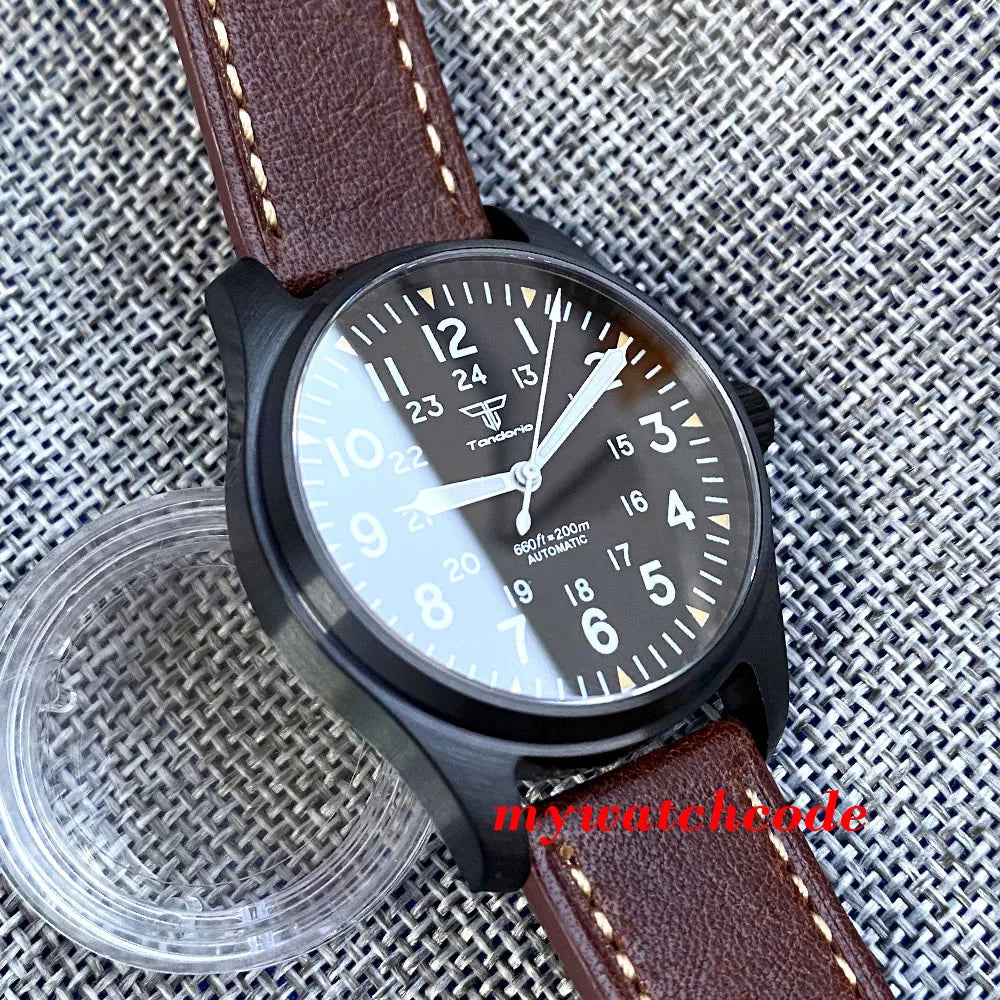 Tandorio Black PVD NH35A PT5000 39mm Pilot Automatic Men Watches 200m Waterproof Sapphire Crystal Diver Clock Leather Band