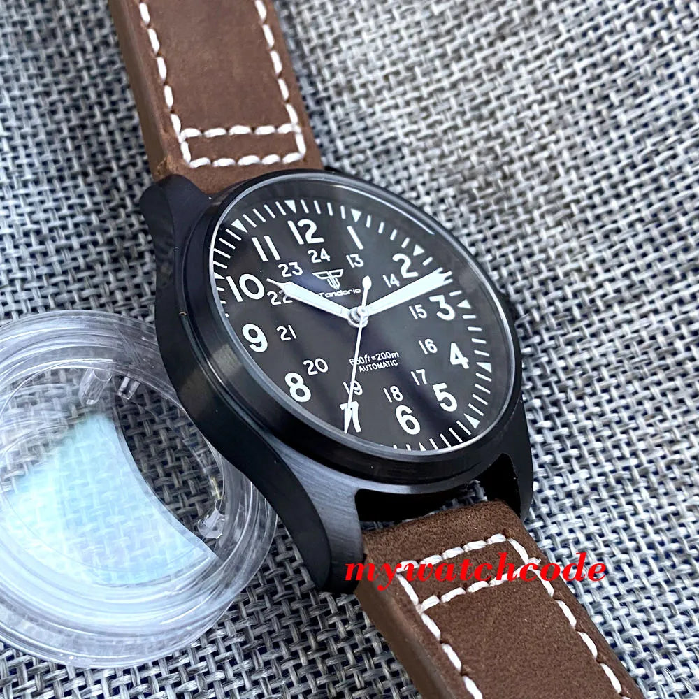 Tandorio Black PVD NH35A PT5000 39mm Pilot Automatic Men Watches 200m Waterproof Sapphire Crystal Diver Clock Leather Band